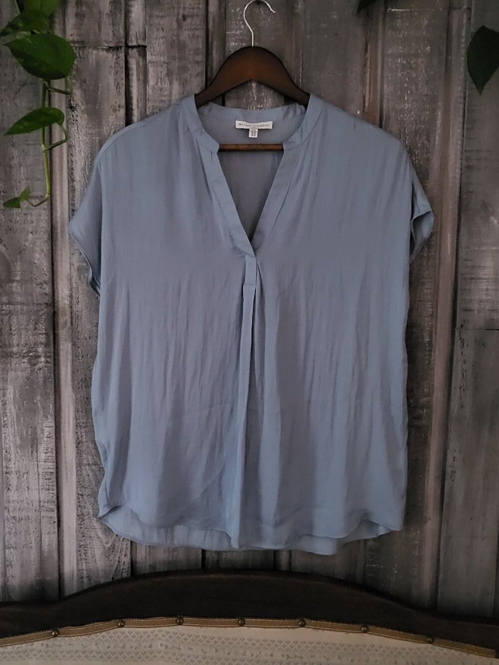 Maison d'Amélie Blue Silky Chiffon V-Neck Blouse Medium